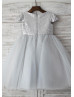 Cap Sleeves Silver Sequin Tulle Wedding Flower Girl Dress